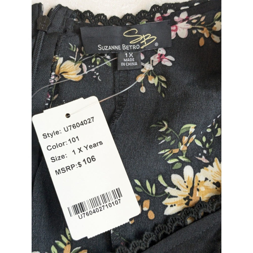 Suzanne Betro Black Floral Tie Front Long Bell Sleeve Midi Dress Size 1X - Picture 8 of 12